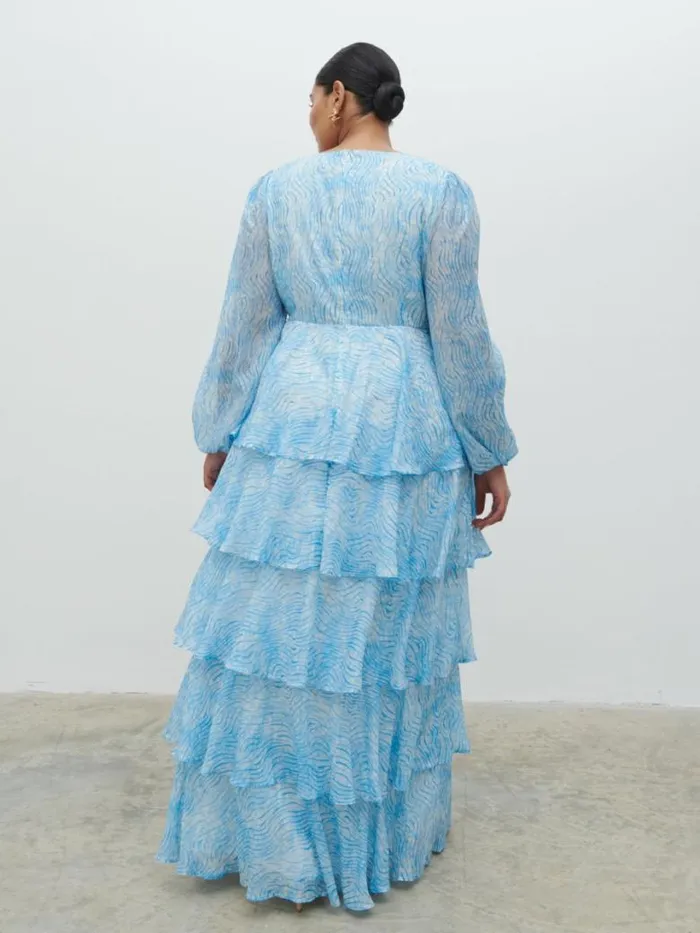 Pretty Lavish Dresses Women Ashton Ruffle Maxi Dress Curve Blue Swirl