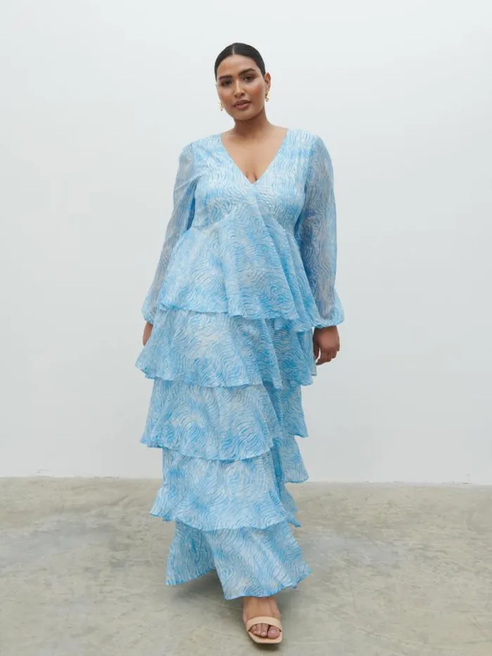 Pretty Lavish Dresses Women Ashton Ruffle Maxi Dress Curve Blue Swirl