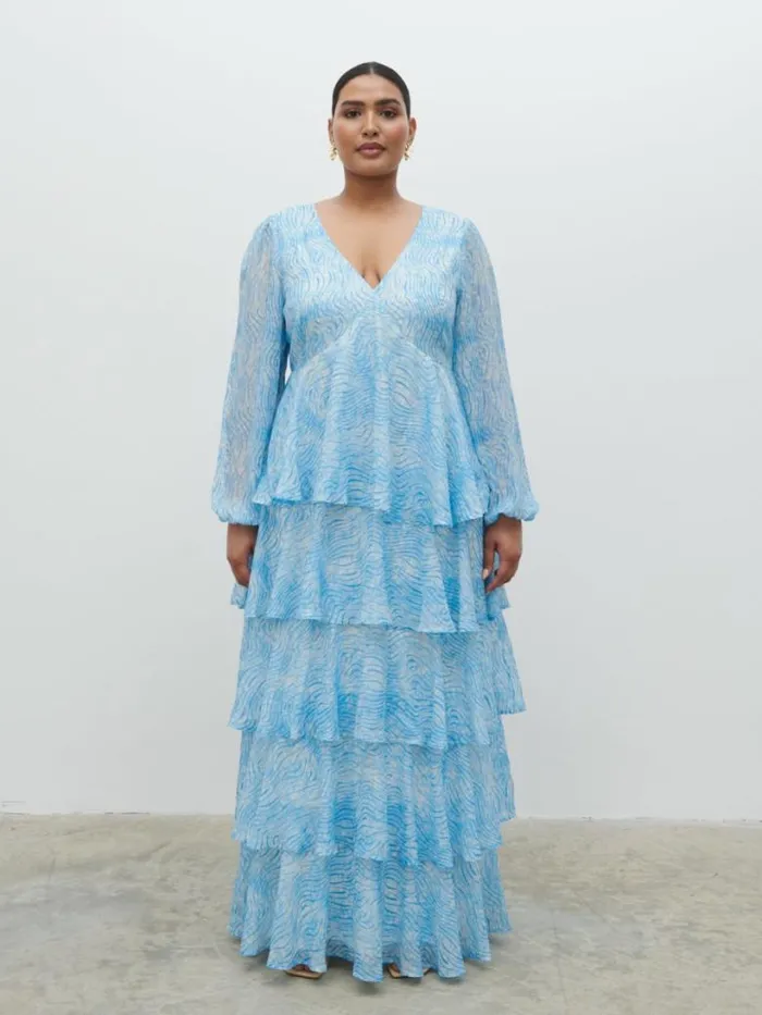 Pretty Lavish Dresses Women Ashton Ruffle Maxi Dress Curve Blue Swirl