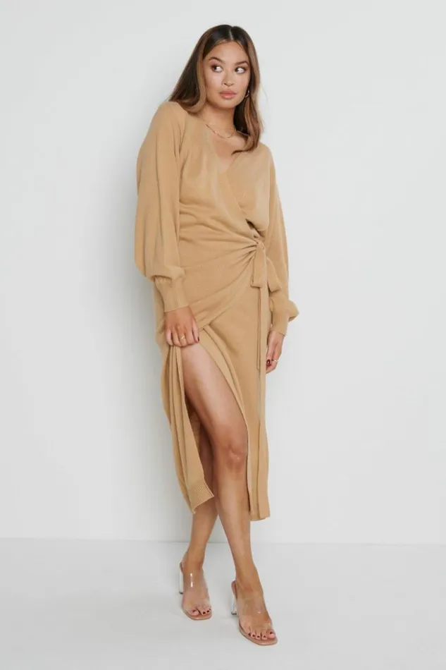Pretty Lavish Dresses Women Beau Wrap Midi Dress Brown