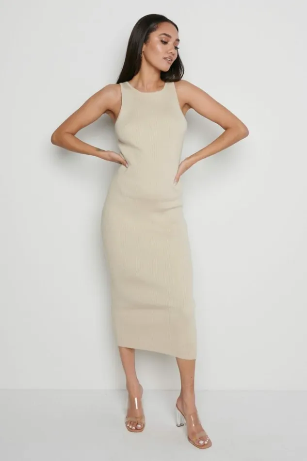 Pretty Lavish Dresses Women Billie Ribbed Racer Midi Dress Beige