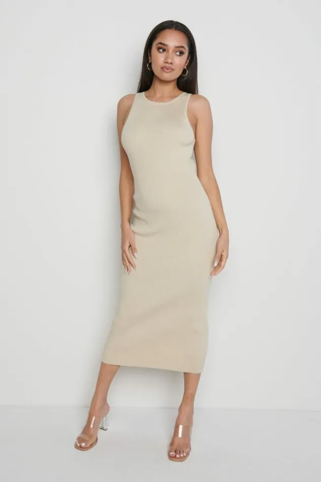 Pretty Lavish Dresses Women Billie Ribbed Racer Midi Dress Beige