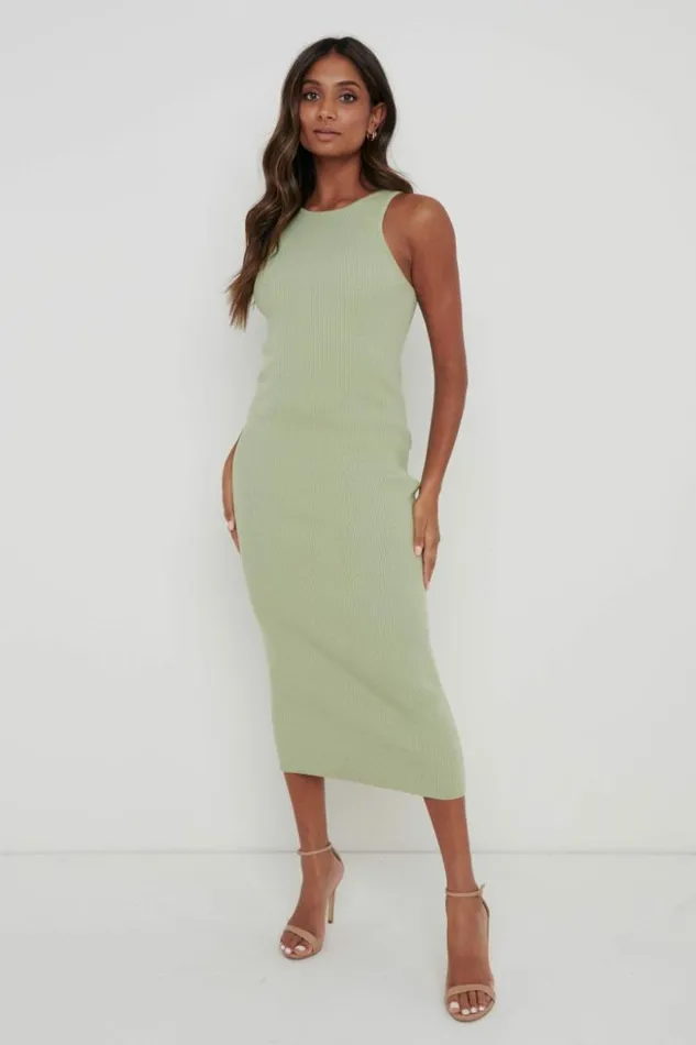 Pretty Lavish Dresses Women Billie Ribbed Racer Midi Dress Olive