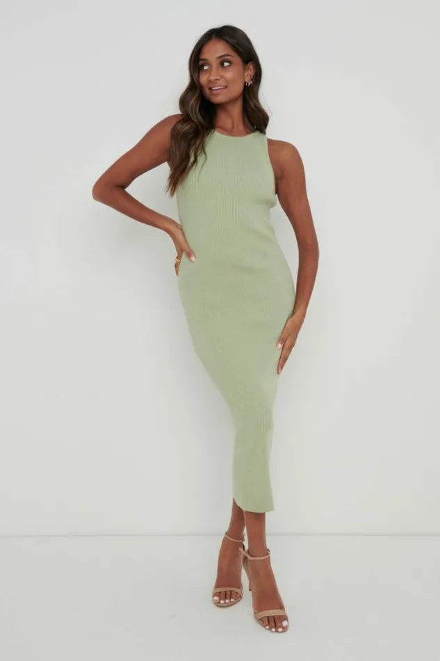Pretty Lavish Dresses Women Billie Ribbed Racer Midi Dress Olive