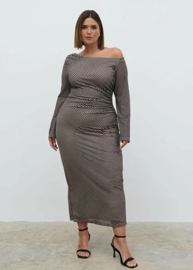 Pretty Lavish Dresses Women Carrie Asymmetric Knot Midaxi Dress Curve Black And Stone Stripe