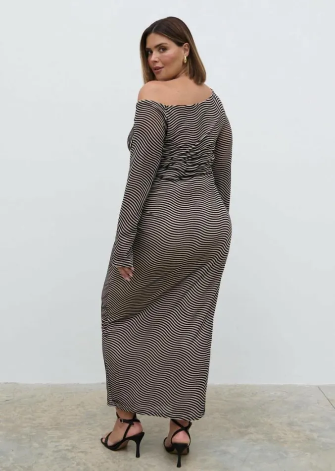 Pretty Lavish Dresses Women Carrie Asymmetric Knot Midaxi Dress Curve Black And Stone Stripe
