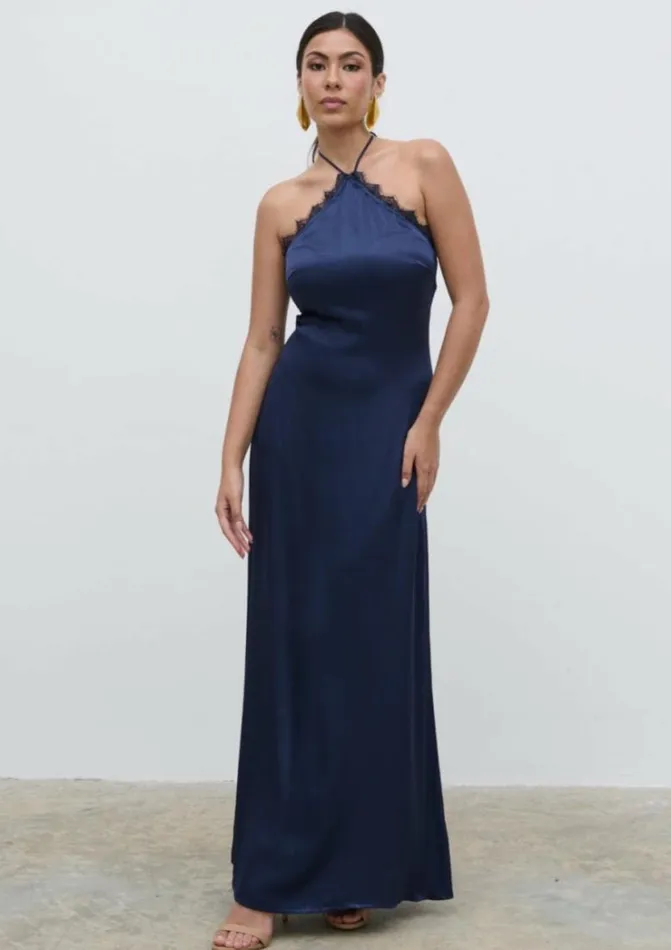 Pretty Lavish Dresses Women Everly Lace Trim Halter Maxi Dress Navy