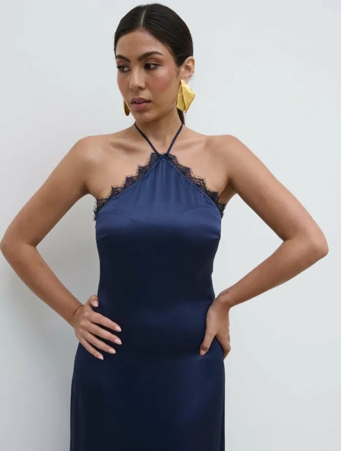 Pretty Lavish Dresses Women Everly Lace Trim Halter Maxi Dress Navy