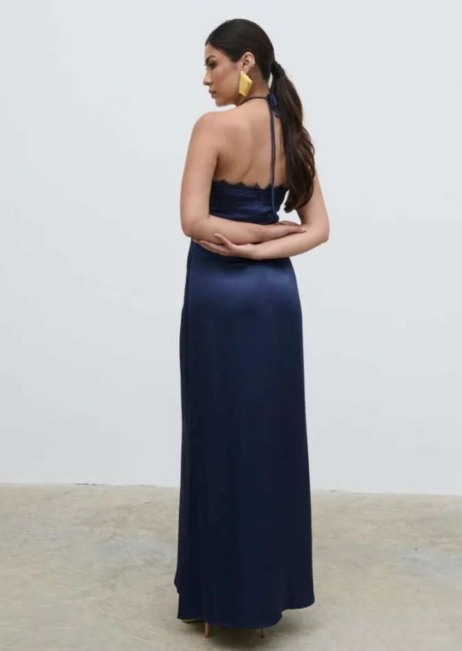 Pretty Lavish Dresses Women Everly Lace Trim Halter Maxi Dress Navy