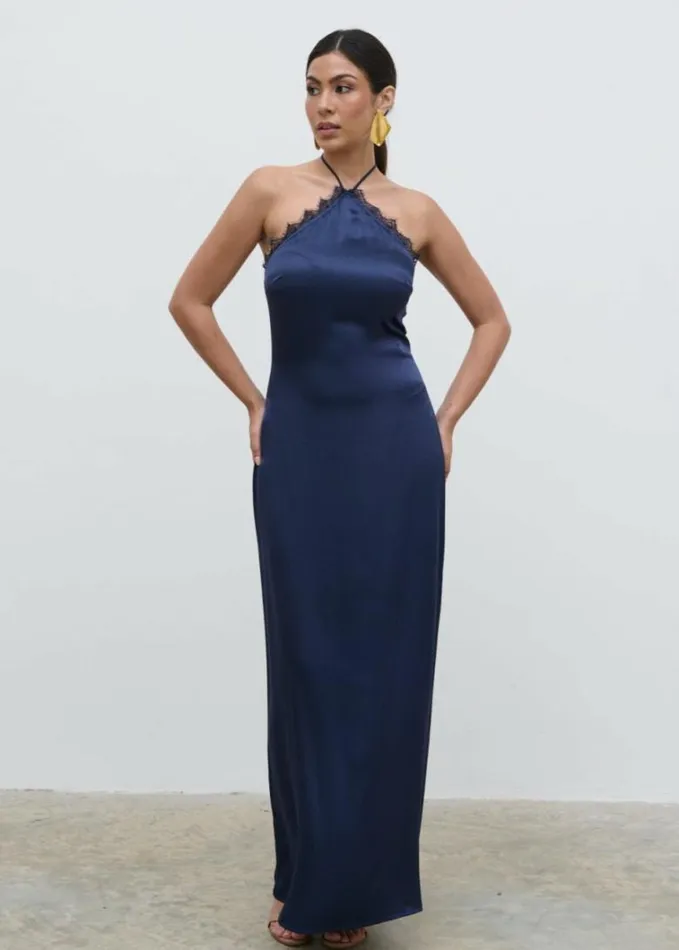 Pretty Lavish Dresses Women Everly Lace Trim Halter Maxi Dress Navy