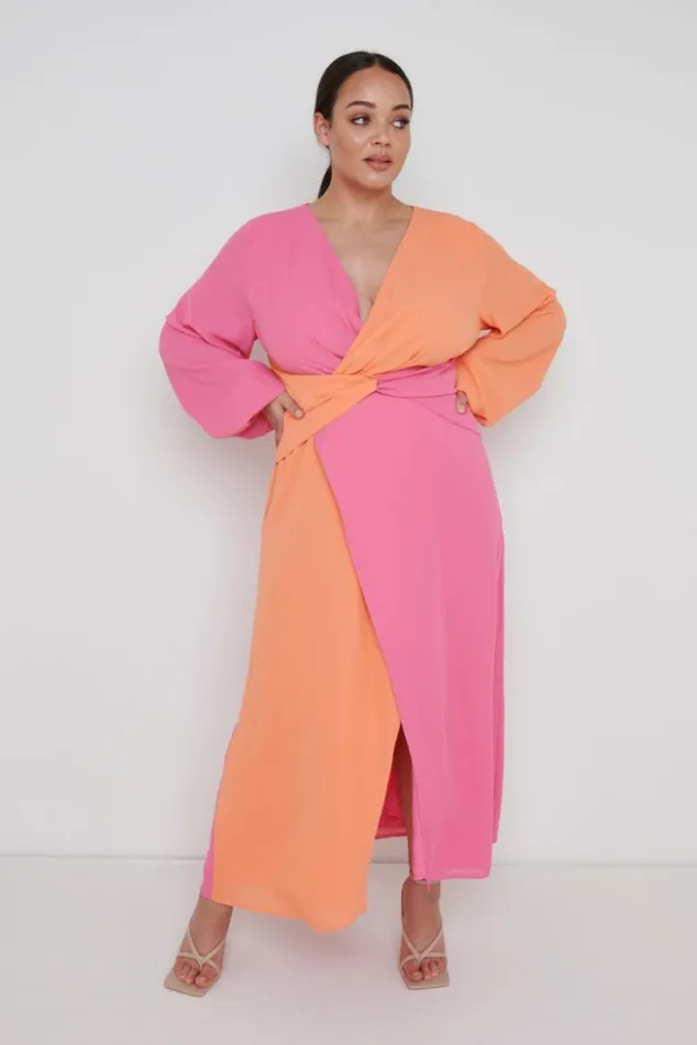 Pretty Lavish Dresses Women Frieda Knot Contrast Dress Curve Orange And Pink