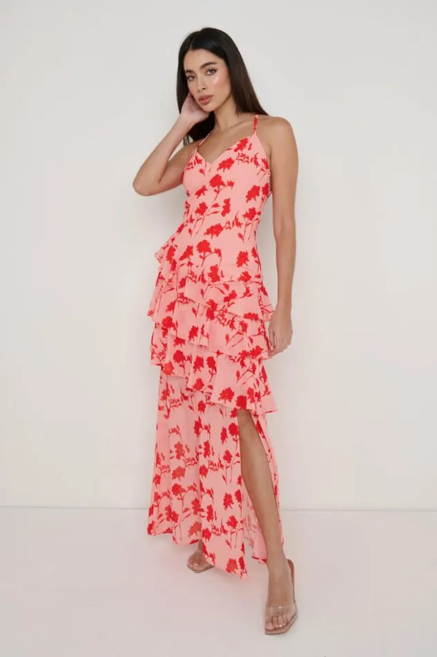 Pretty Lavish Dresses Women Hettie Asymmetric Ruffle Maxi Dress Pink And Red Floral