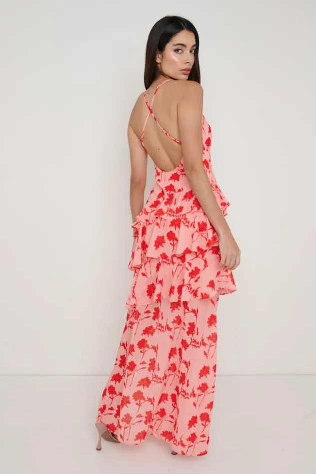 Pretty Lavish Dresses Women Hettie Asymmetric Ruffle Maxi Dress Pink And Red Floral