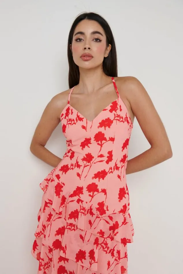 Pretty Lavish Dresses Women Hettie Asymmetric Ruffle Maxi Dress Pink And Red Floral