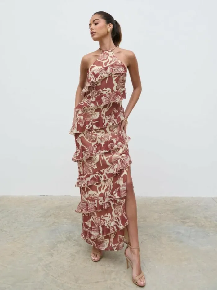 Pretty Lavish Dresses Women Katy Ruffle Maxi Dress Brown Floral
