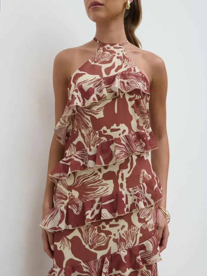 Pretty Lavish Dresses Women Katy Ruffle Maxi Dress Brown Floral