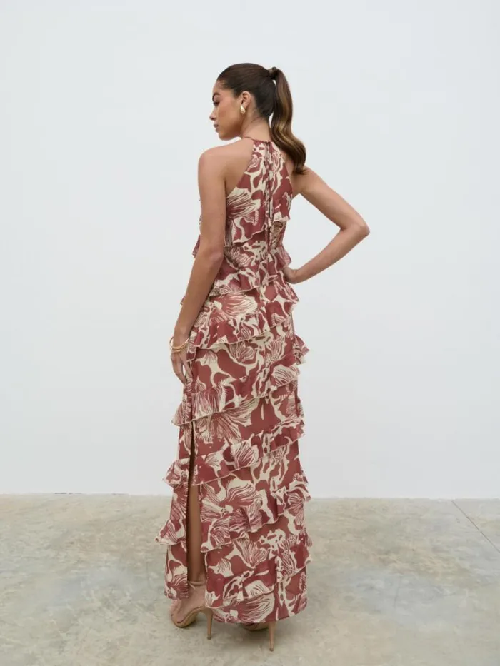Pretty Lavish Dresses Women Katy Ruffle Maxi Dress Brown Floral