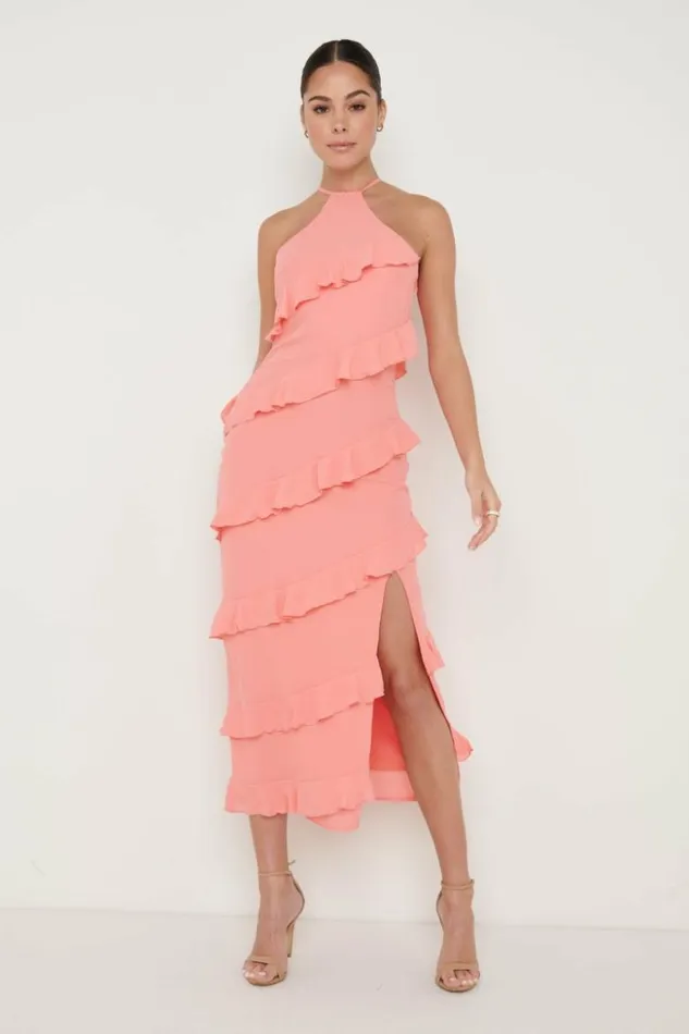 Pretty Lavish Dresses Women Katy Ruffle Midaxi Dress Coral