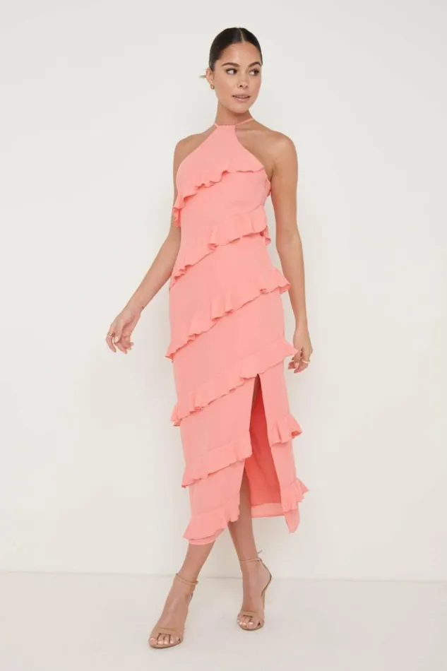 Pretty Lavish Dresses Women Katy Ruffle Midaxi Dress Coral