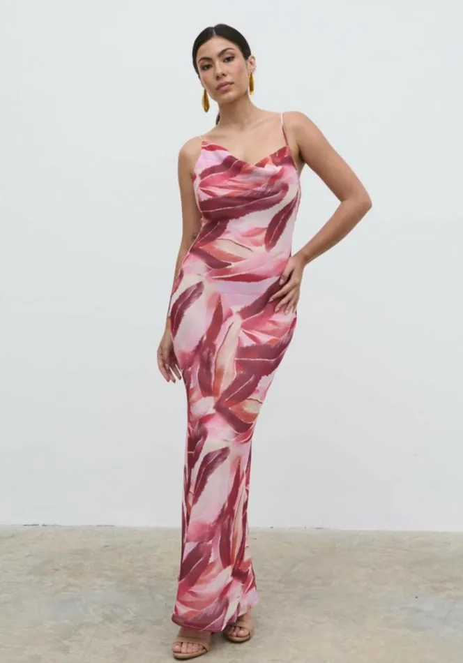 Pretty Lavish Dresses Women Keisha Asymmetric Cowl Maxi Dress Feather Print