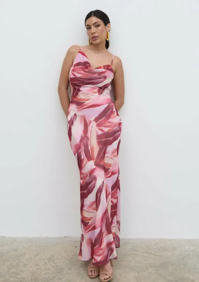 Pretty Lavish Dresses Women Keisha Asymmetric Cowl Maxi Dress Feather Print