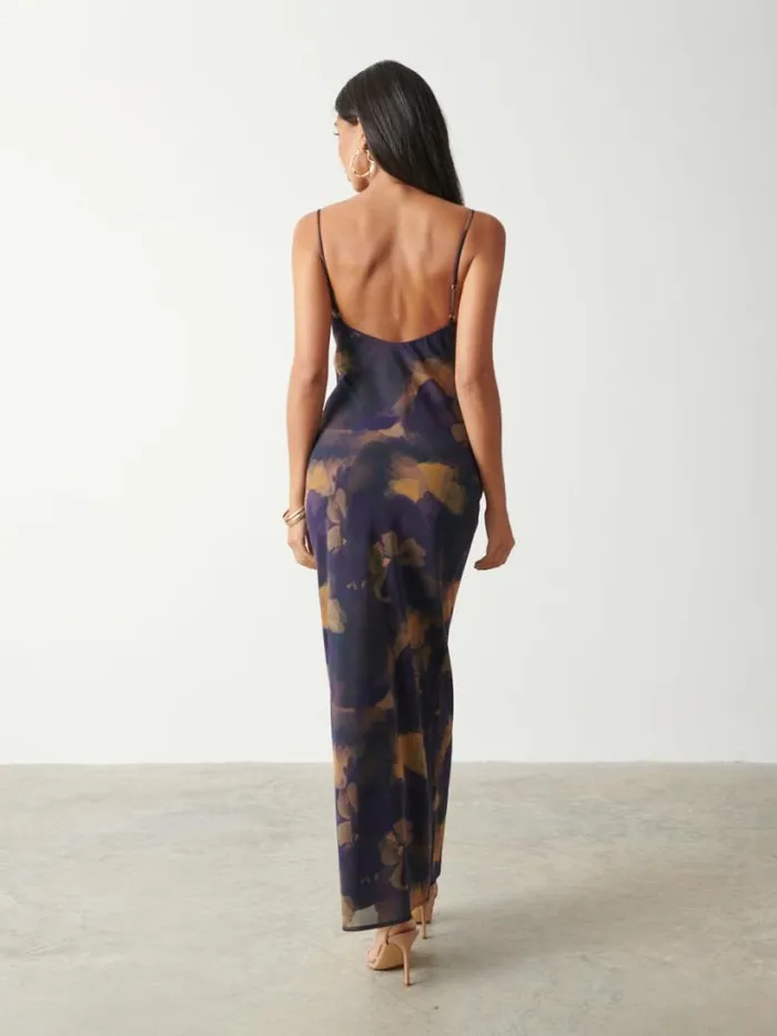 Pretty Lavish Dresses Women Keisha Printed Chiffon Maxi Dress Dark Amethyst andamp Saffron Floral