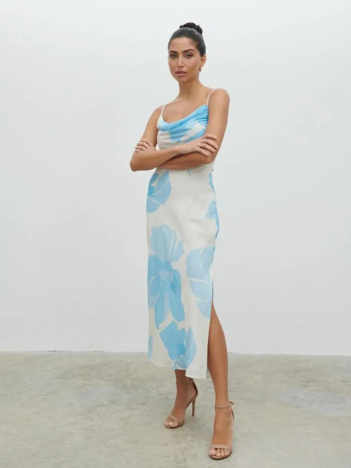 Pretty Lavish Dresses Women Keisha Ruched Midaxi Dress Blue And Cream Floral