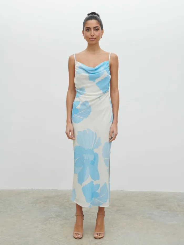 Pretty Lavish Dresses Women Keisha Ruched Midaxi Dress Blue And Cream Floral