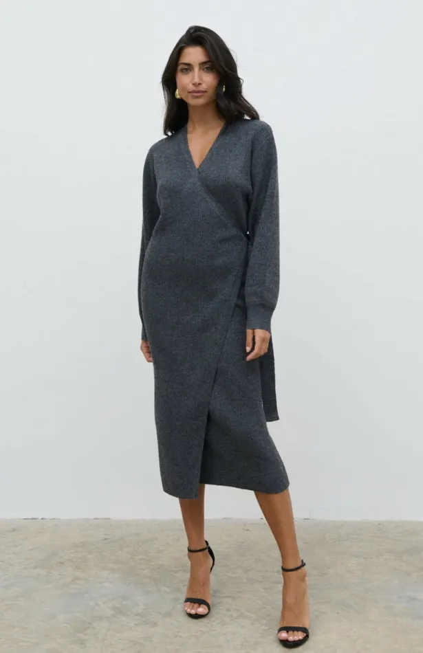 Pretty Lavish Dresses Women Kinsley Ribbed Wrap Dress Grey