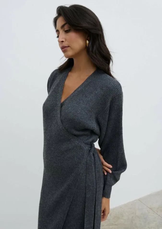 Pretty Lavish Dresses Women Kinsley Ribbed Wrap Dress Grey