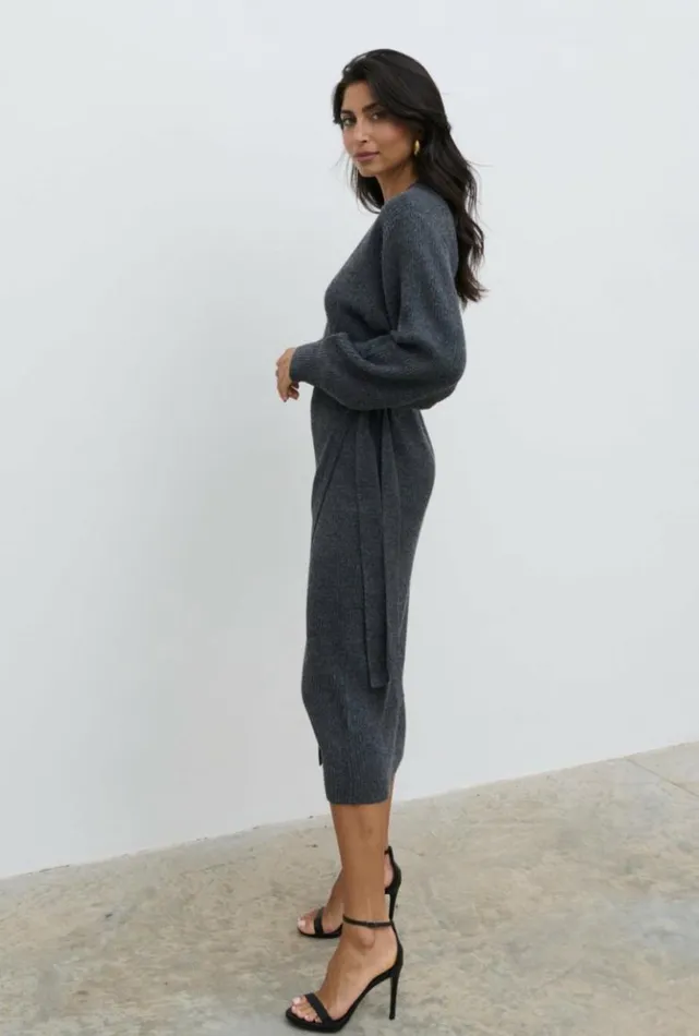 Pretty Lavish Dresses Women Kinsley Ribbed Wrap Dress Grey