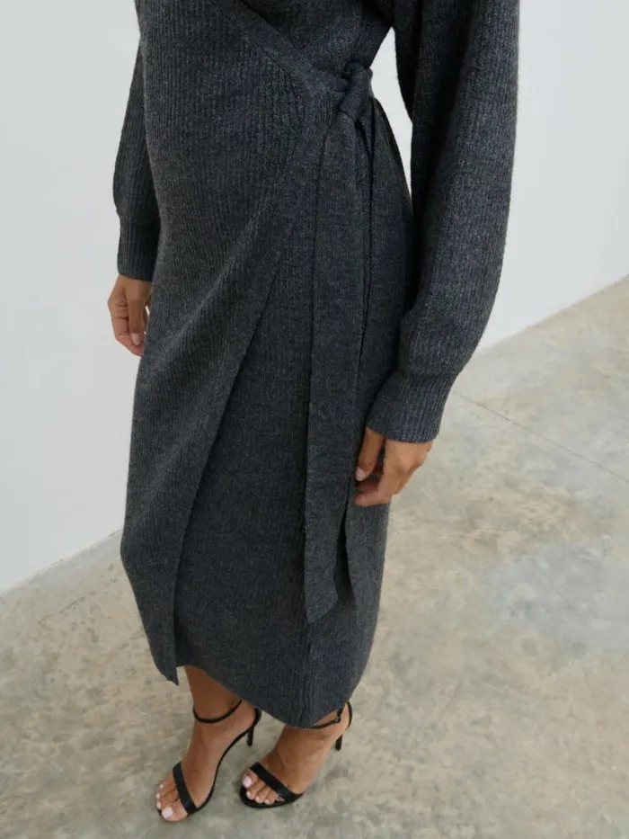 Pretty Lavish Dresses Women Kinsley Ribbed Wrap Dress Grey