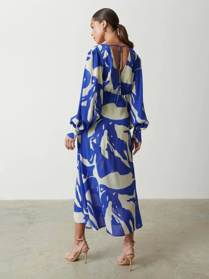 Pretty Lavish Dresses Women Lilianna Backless Balloon Sleeve Printed Dress Blue Abstract