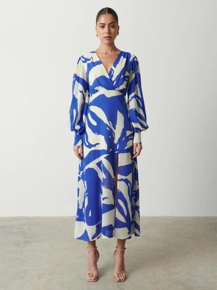 Pretty Lavish Dresses Women Lilianna Backless Balloon Sleeve Printed Dress Blue Abstract