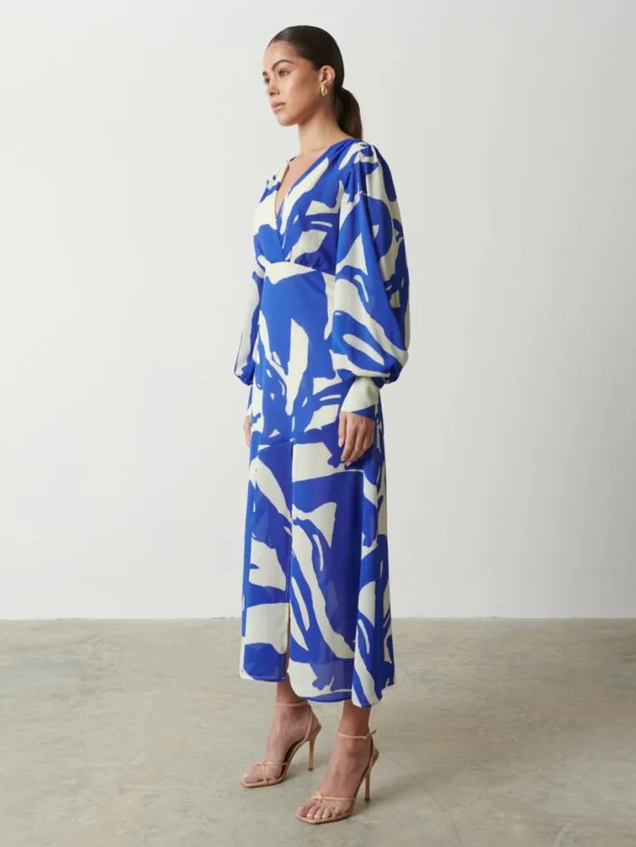 Pretty Lavish Dresses Women Lilianna Backless Balloon Sleeve Printed Dress Blue Abstract