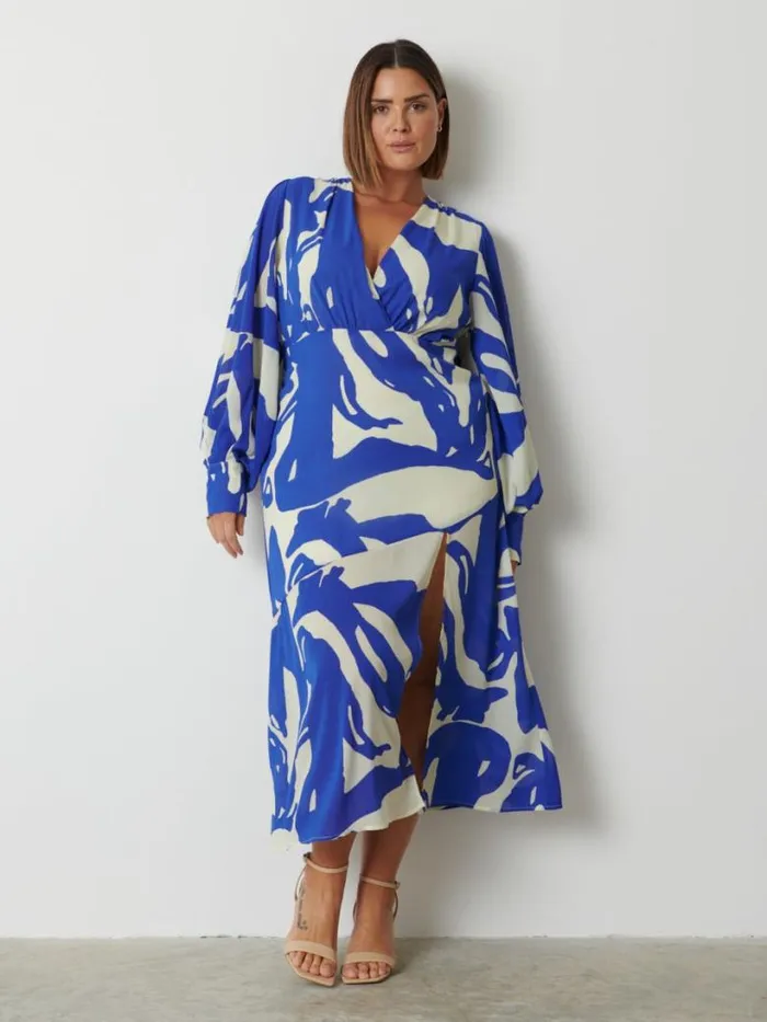 Pretty Lavish Dresses Women Lilianna Backless Balloon Sleeve Printed Dress Blue Abstract