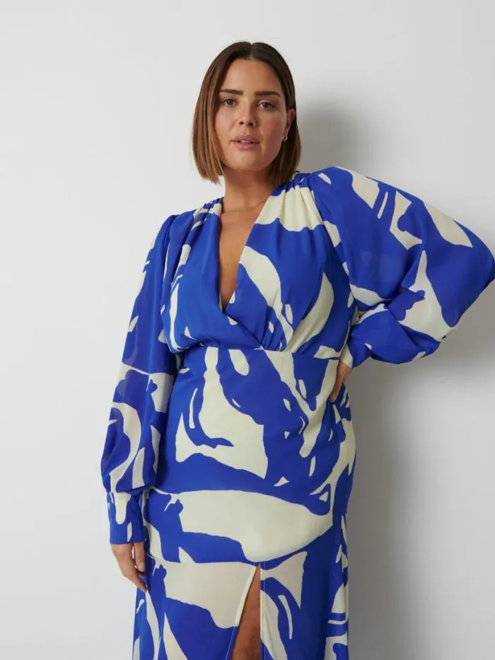 Pretty Lavish Dresses Women Lilianna Backless Balloon Sleeve Printed Dress Blue Abstract