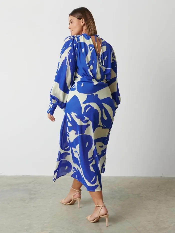 Pretty Lavish Dresses Women Lilianna Backless Balloon Sleeve Printed Dress Blue Abstract