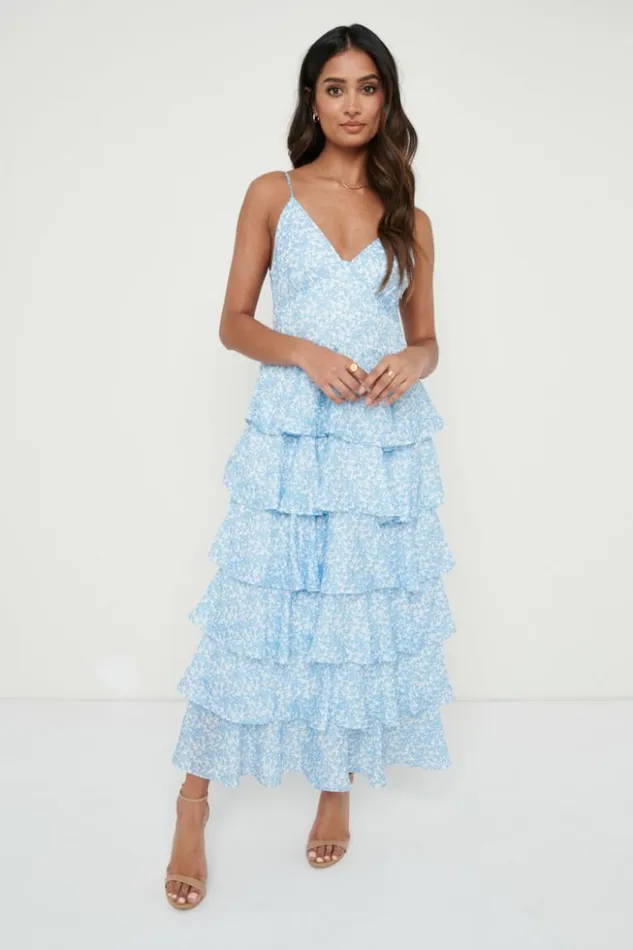 Pretty Lavish Dresses Women Lissy Ruffle Midaxi Dress Blue Abstract Print
