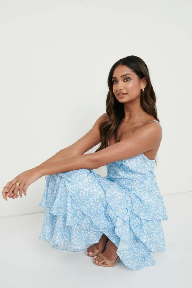 Pretty Lavish Dresses Women Lissy Ruffle Midaxi Dress Blue Abstract Print