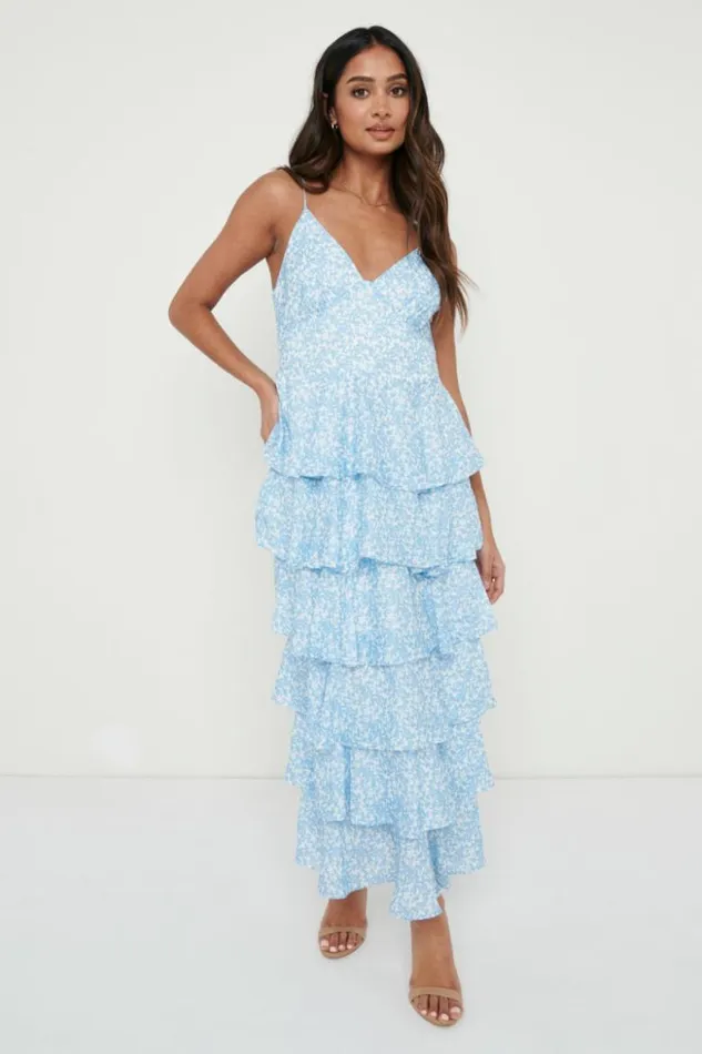 Pretty Lavish Dresses Women Lissy Ruffle Midaxi Dress Blue Abstract Print