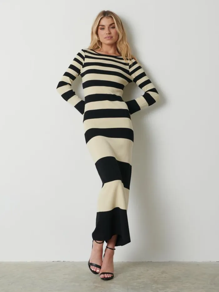 Pretty Lavish Dresses Women Mila Striped Knit Dress Black And Beige Stripe