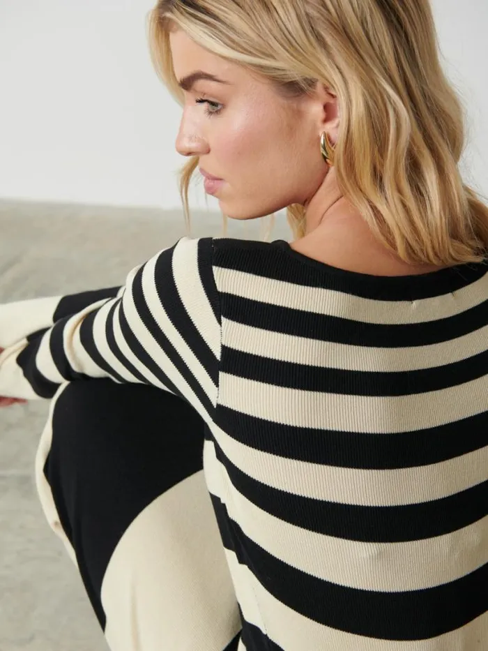 Pretty Lavish Dresses Women Mila Striped Knit Dress Black And Beige Stripe