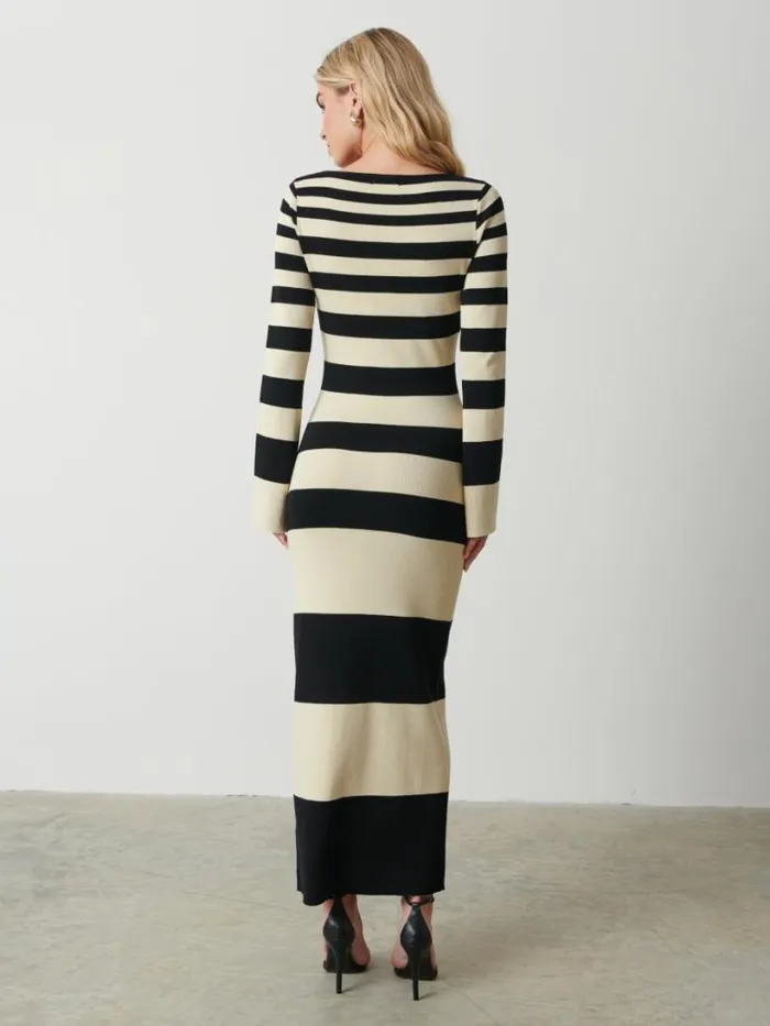 Pretty Lavish Dresses Women Mila Striped Knit Dress Black And Beige Stripe