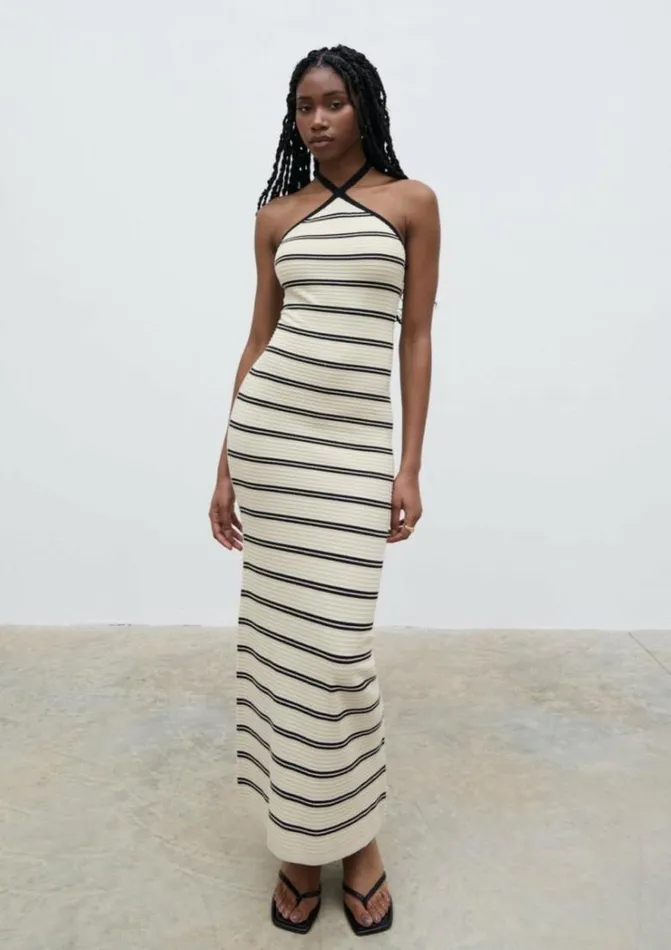 Pretty Lavish Dresses Women Octavia Contrast Stripe Knit Maxi Dress Cream