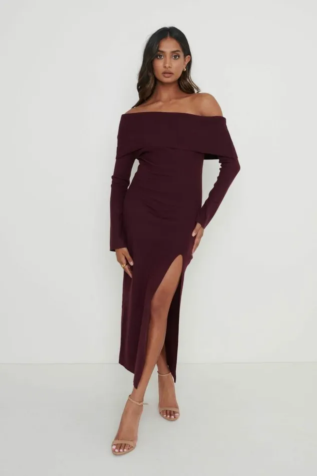 Pretty Lavish Dresses Women Payton Asymmetric Bardot Knit Dress Red