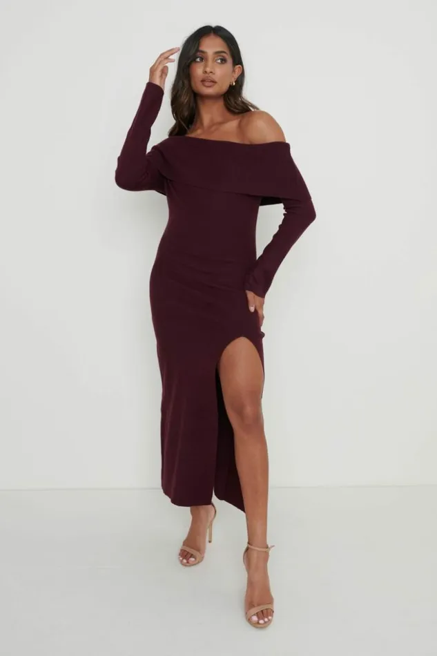 Pretty Lavish Dresses Women Payton Asymmetric Bardot Knit Dress Red