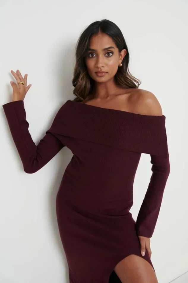 Pretty Lavish Dresses Women Payton Asymmetric Bardot Knit Dress Red