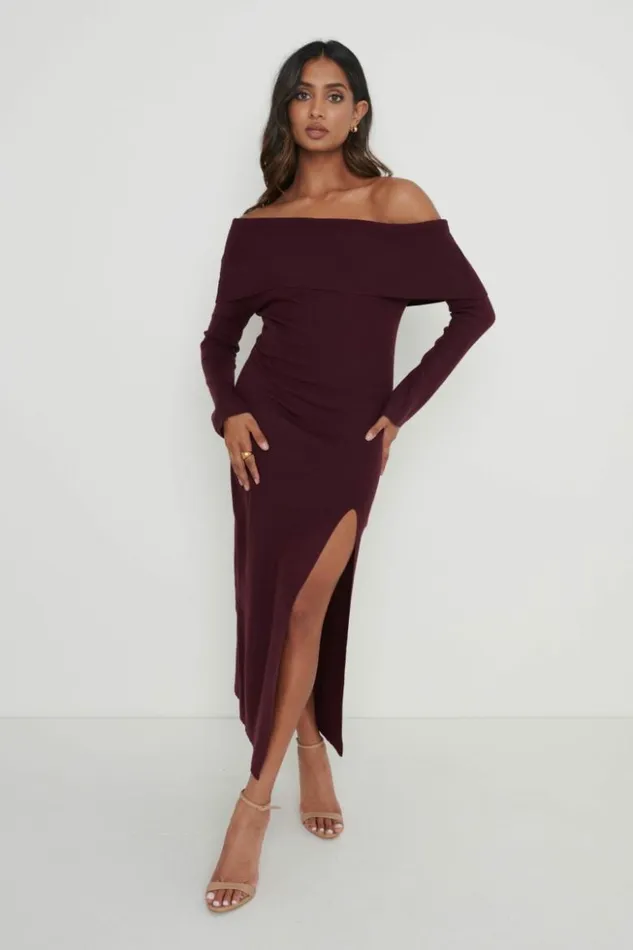 Pretty Lavish Dresses Women Payton Asymmetric Bardot Knit Dress Red