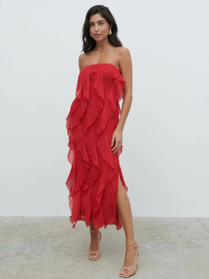 Pretty Lavish Dresses Women Perla Bandeau Ruffle Midaxi Dress Red